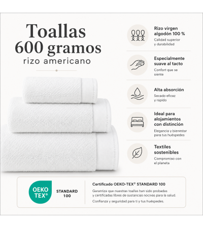 Toalla rizo americano 600 g/m² para hotel | Sabanalia