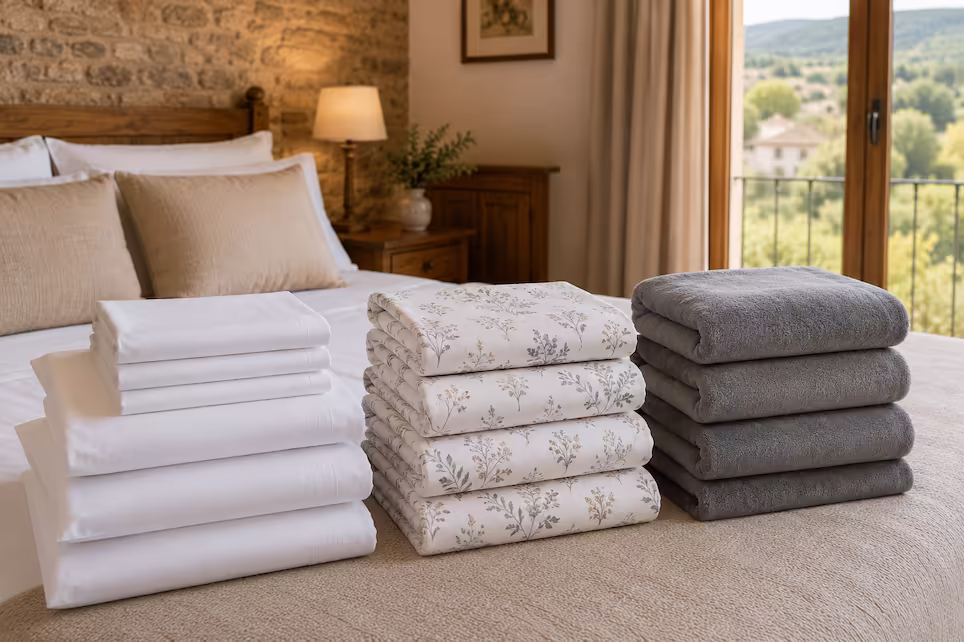 Habitación de alojamiento rural con una cama con sábanas de tonos pardos junto a ventana