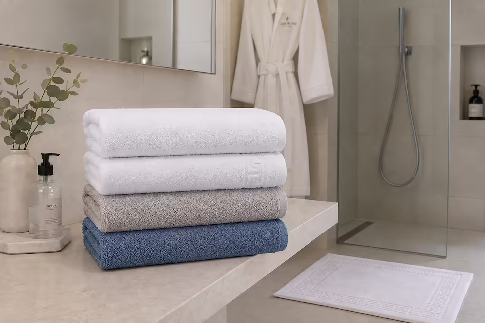 Cuerto de baño de hotel con toallas de algodón sobre encimera